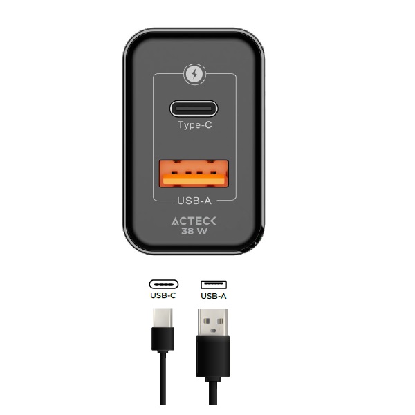 Cargador ACTECK de Pared Energon Plus CP440 con tecnologia GaN Carga Ultra Rapida 38W 1x USB C PD 1x USB A Elite Series Negro AC-935562 - Código: AC-935562 | Compra en Guadalajara