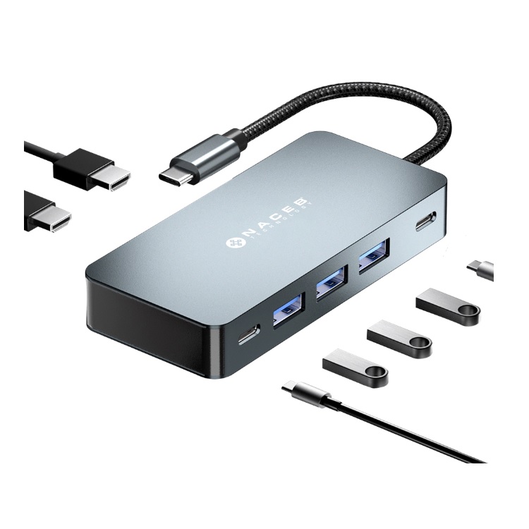 Adaptador Naceb NA-0147 HUB USB-C 7 en 1 DUAL HDMI 4K con USB-CPD100W3 USB3.0 color Plateado - Código: NA-0147 | Compra en Guadalajara