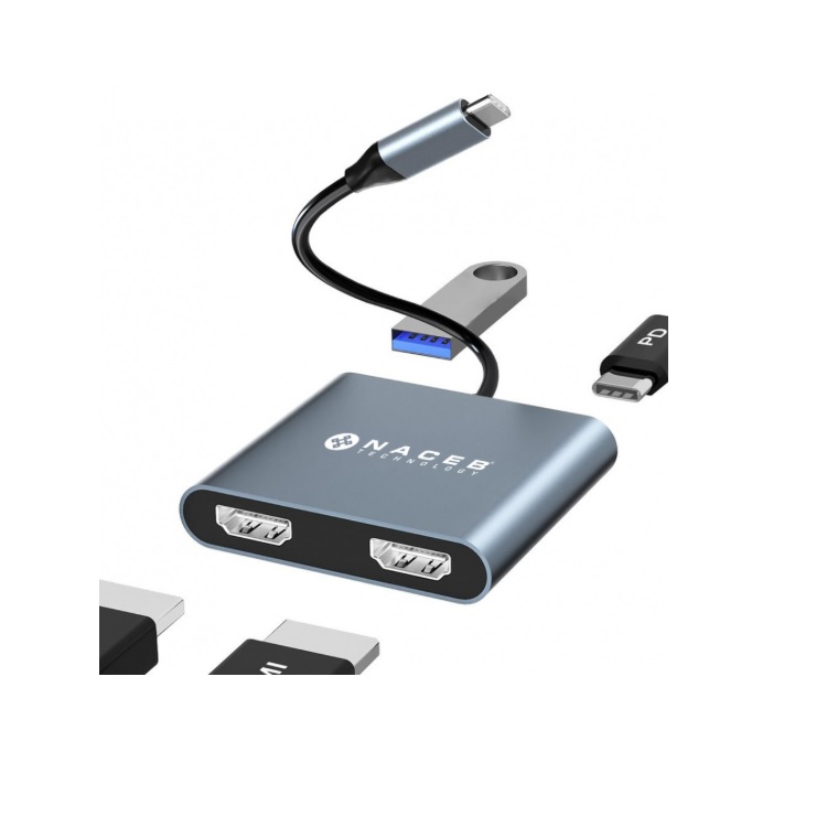 Adaptador Naceb NA-0148 USB-C DUAL HDMIUSB3.0 con PD100W color Plateado - Código: NA-0148 | Compra en Guadalajara