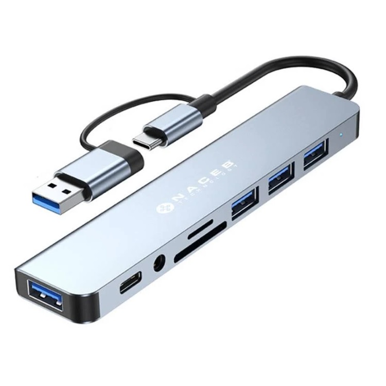 Adaptador Naceb NA-0149 USB-C/A 8 en 1 USB3.03 USB2.0USB-CSD/TFAUX color Plateado - Código: NA-0149 | Compra en Guadalajara