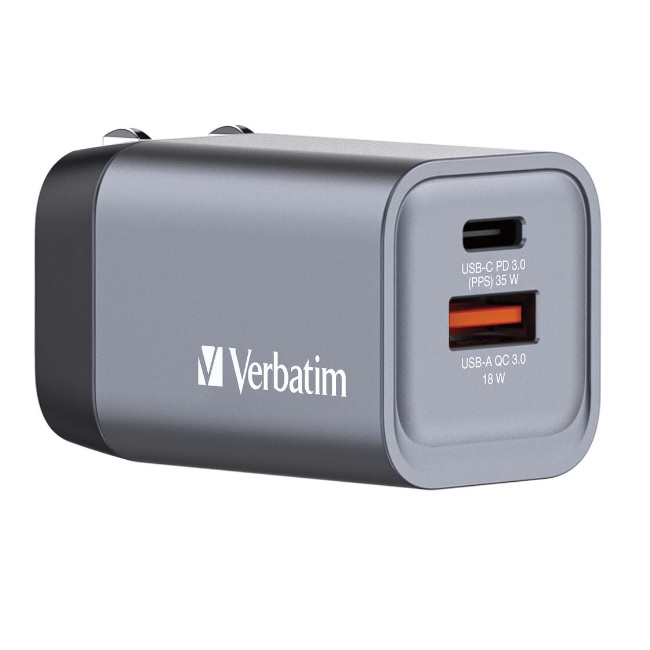 Cargador de pared Verbatim GaN de 35 Combina un puerto USB-C PD de 35 W y un puerto USB-A QC 3.0 EU/UK/US  32200 - Código: 32200 | Compra en Guadalajara