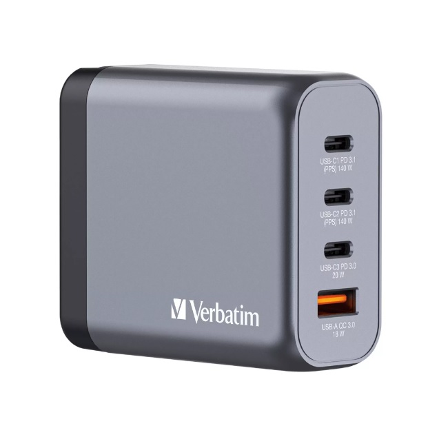 Cargador de pared Verbatim GAN de 140 W combina dos puertos USB-C PD 140 W un puerto USB-C PD 20 W y un puerto USB-A QC 3.0  32203 - Código: 32203 | Compra en Guadalajara