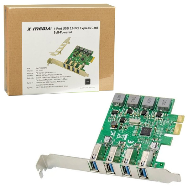 Tarjeta PCI Express X-Media XM-PEX-U304S 4 puertos SuperSpeed USB 3.0 transferencia de hasta 5Gbps por puerto  XM-PEX-U304S - Código: XM-PEX-U304S | Compra en Guadalajara