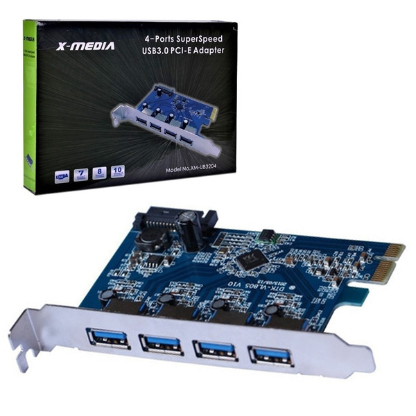 Tarjeta PCI Express X-Media XM-UB3204 con 4 puertos USB 3.0 fuente de poder conector SATA desde la PC UPC 850390003408 - XM-UB3204