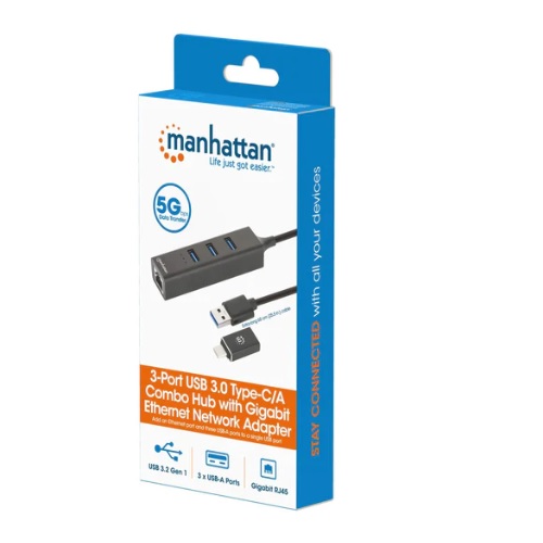 Adaptador USB MANHATTAN 180894 180894 Adaptador USB-A Macho Con Acoplador USB-C Macho A Conector RJ-45 Hembra Y Tres Conectores USB-A De 5 Gbps De Súper Velocidad USB 3.2 Gen1 Aliment - Código: 180894 | Compra en Guadalajara