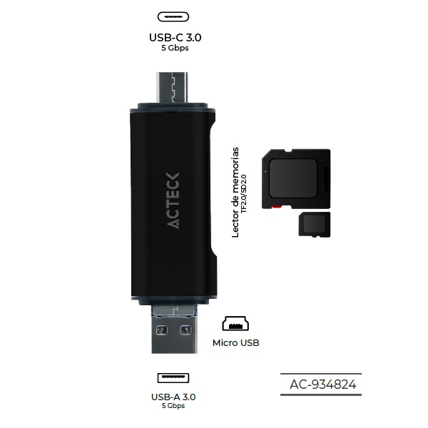 Lector de Memoria Acteck USB A/USB C/Micro USB Gate Edit DH450 Ultra Portátil SD Micro SD TF  AC-934824 - Código: AC-934824 | Compra en Guadalajara