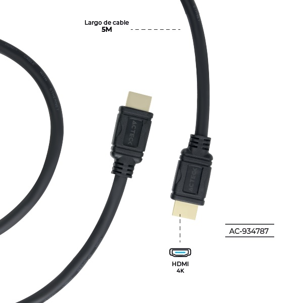 Cable HDMI ACTECK a HDMI Linx Plus 250 / 5Mt High Speed 10.2 Gbps ARC Ethernet Calibre 32 AWG 4K 3D 2160p Macho a Macho Negro Essential Series AC-934787 - Código: AC-934787 | Compra en Guadalajara