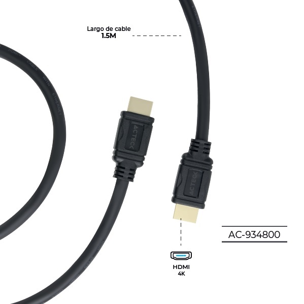 Cable HDMI ACTECK a HDMI Linx Plus 205 / 1.5Mt High Speed 10.2 Gbps ARC Ethernet Calibre 32 AWG 4K 3D 2160p Macho a Macho Negro Essential Series AC-934800 - Código: AC-934800 | Compra en Guadalajara