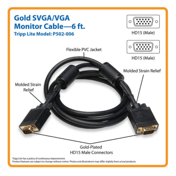 Cable TrippLite P502-006 Coaxial VGA de Alta Resolución RGB HD15 M/M 1.83 m  P502-006 - Código: P502-006 | Compra en Guadalajara