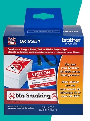 DK2251 Cinta Brother Dk2251  Etiqueta Blanca Continua De Papel Brother Dk2251 De 62 Mm De Ancho X 152 Mts De Largo Impresin En Negro Y Rojo  DK2251  DK2251