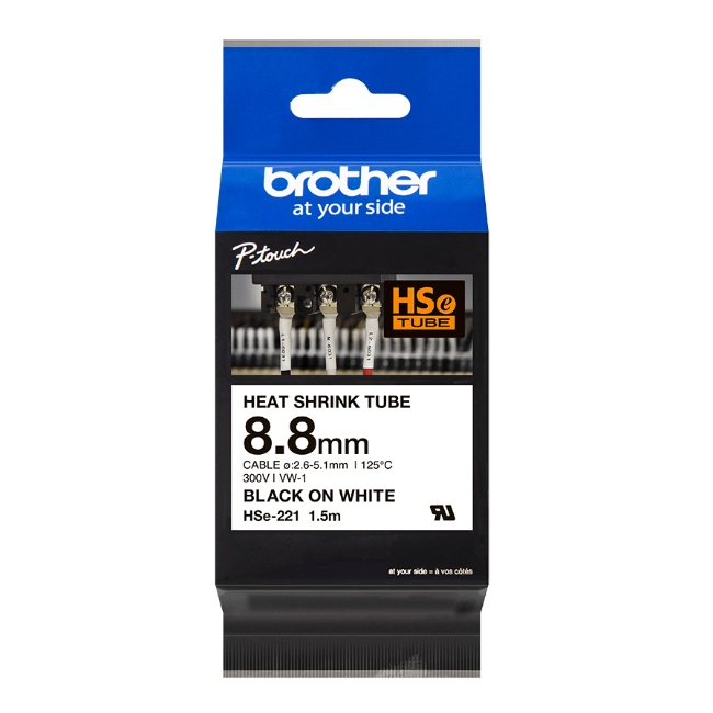 Cinta Brother HSE221 negro sobre blanco termorretractil 8.8mm x 1.5m para PTE300 PTE550W PTP950NW  HSE221 - Código: HSE221 | Compra en Guadalajara