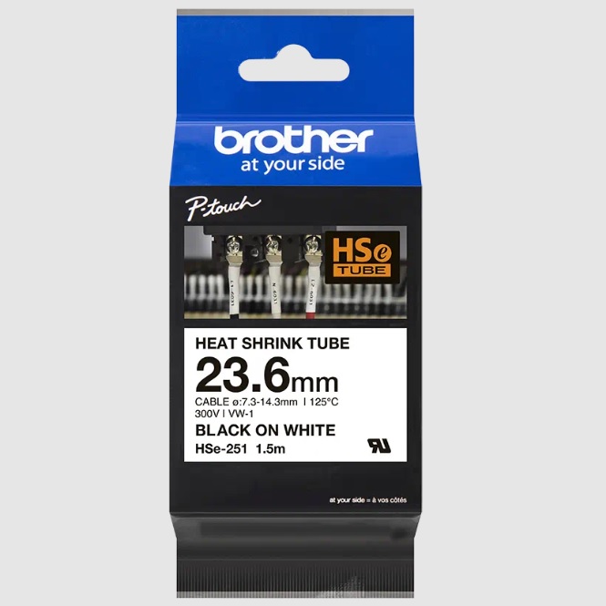 Cinta Brother HSE251 negro sobre blanco termorretractil 23.6mm x 1.5m para PTE300 PTE550W PTP950NW  HSE251 - Código: HSE251 | Compra en Guadalajara