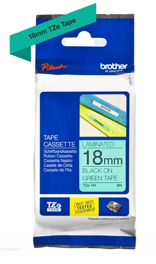 Cinta Laminada BROTHER TZE741 Etiqueta Verde Continua Laminada Brother TZE741 De 18 Mm De Ancho X 8 Mts De Largo. Impresión En Negro. - Código: TZE741 | Compra en Guadalajara