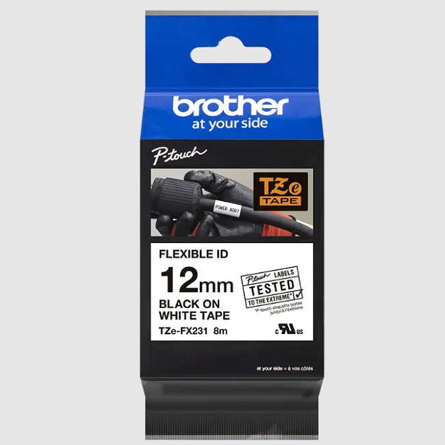 Cinta BROTHER TZEFX231 Etiqueta Blanca Continua Laminada Flexible Brother TZEFX231 De 12 Mm De Ancho X 8 Mts De Largo. Impresión En Negro. - Código: TZEFX231 | Compra en Guadalajara