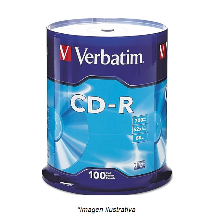Torre Verbatim CD-R 700MB 52X Genérico Plata Brillante Serigrafiable con 100 unidades - Código: 98921 | Compra en Guadalajara