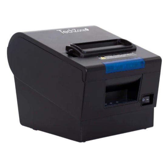 Miniprinter Termica Techzone POS Negro c/Azul 80mm Interfaz USB Ethernet y RJ11 Cortador Automatico Compatible con Windows Linux ALARMA LUZ Y SONIDO