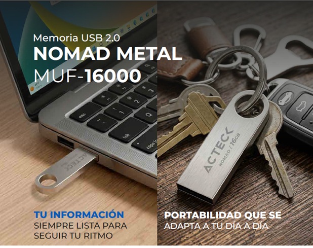Memoria USB ACTECK 16 GB 2.0 Nomad Metal MUF-16000 Lectura 25 MB/s Escritura 5 MB/s Metalica Plata AC-946209 - Acteck