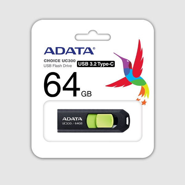 MEMORIA ADATA 64GB USB-C CHOICE UC300 3.2 NEGRO CON VERDE ACHO-UC300-64G-RBKGN UPC 4711085939128 - ACHO-UC300-64G-RBKGN