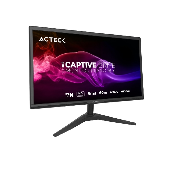 Monitor Acteck Plano 18.5 TN Captive Brite CB185 /HD/60Hz/5ms/Low-blue light/1xVGA1xHDMI 1.4/VESA75mm/Essential Negro AC-944526 - Código: AC-944526 | Compra en Guadalajara