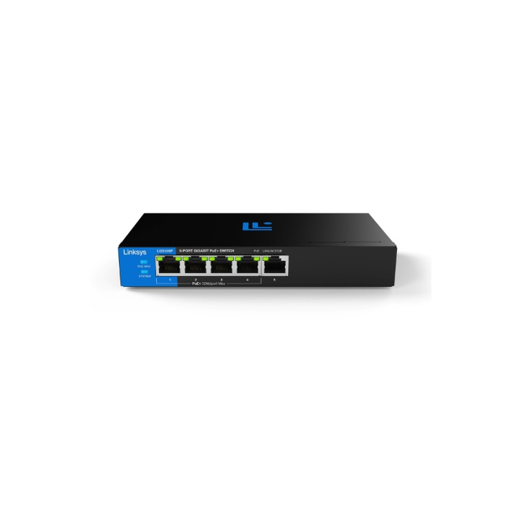 Switch Linksys LGS105P PoE metálico 5 puertos gigabit 4 puertos PoE max. 60W no administrable QoS plug and play - Código: LGS105P | Compra en Guadalajara