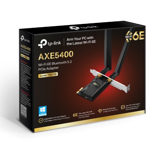 Adaptador inalámbrico PCIe TP-Link Archer TXE72E Wi-Fi 6E AXE5400 Tri-banda 6GHz5GHz2.4GHz BT 5.2 con 2 antenas fijas - Tp Link