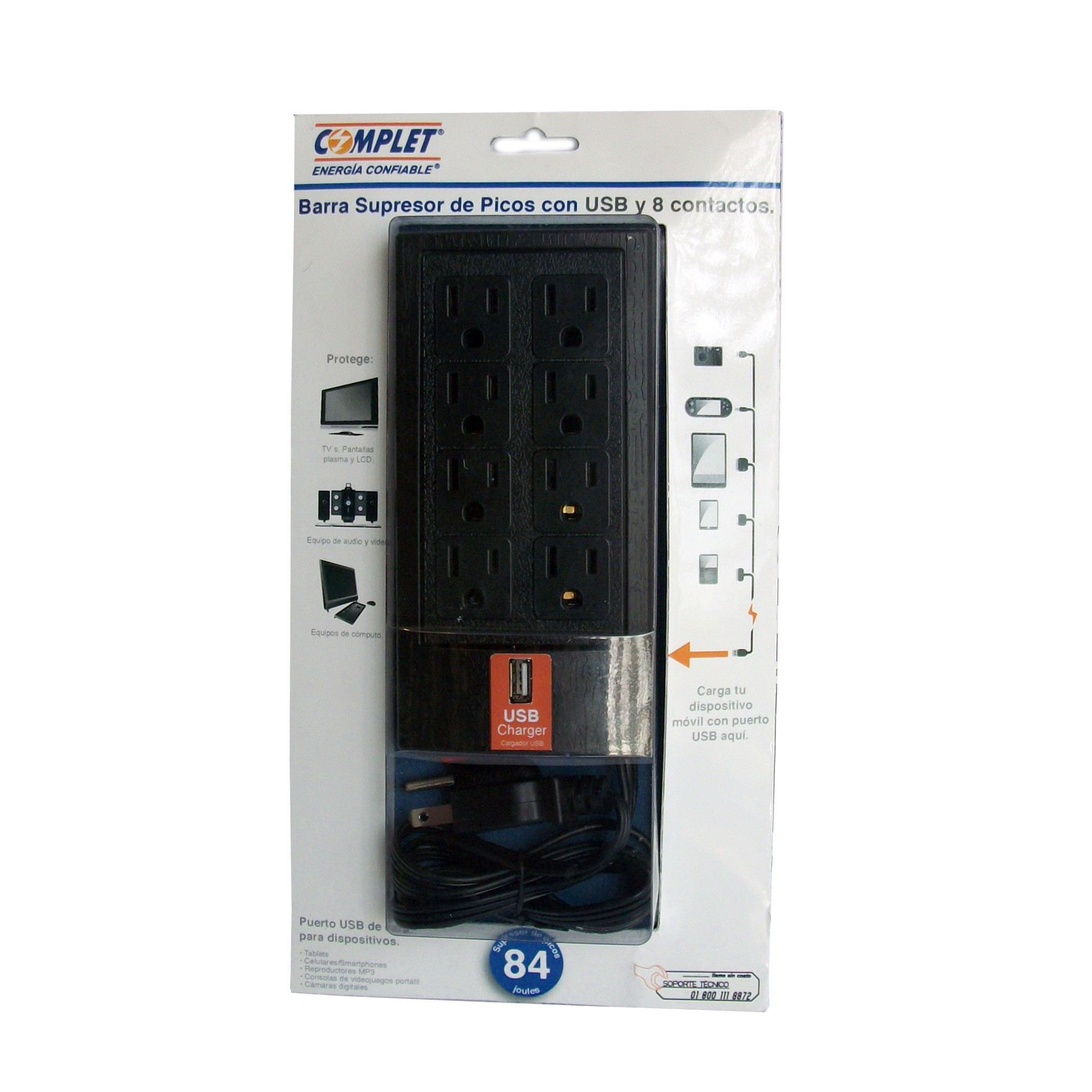 Supresor De Picos COMPLET BRC-1-005 Supresor De Picos 504 Joule COMPLET BRC-1-005. 8 Contactos Nema 5-15R Y Un Puerto USB. Garantía 60 Meses - Código: BRC-1-005 | Compra en Guadalajara