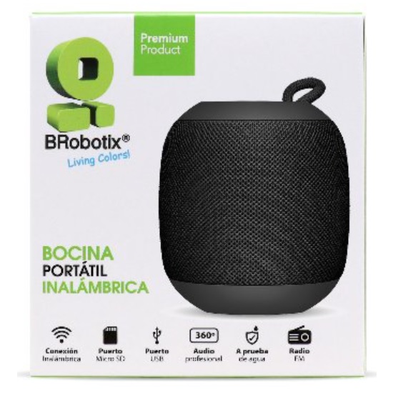 Bocina Bluetooth FM Redonda N BROBOTIX 263069 BOCINA BLUETOOTH INALAMBRICA RECARGABLE STEREO C/RADIO FM LECTOR USB MICRO USB 3.5 MM REDONDA PORTATIL ANTIDESLIZANTE NEGRO BROBOTIX 263069 - Código: 263069 | Compra en Guadalajara