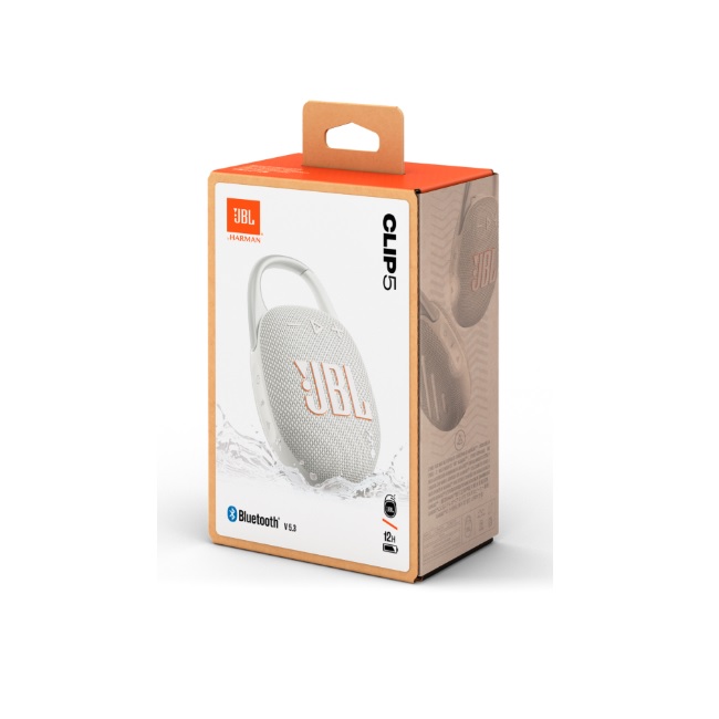 Bocina JBL Clip 5 Bluetooth Blanca 8.6cm resistente agua y polvo IP67 carga rapida USB C - Sony