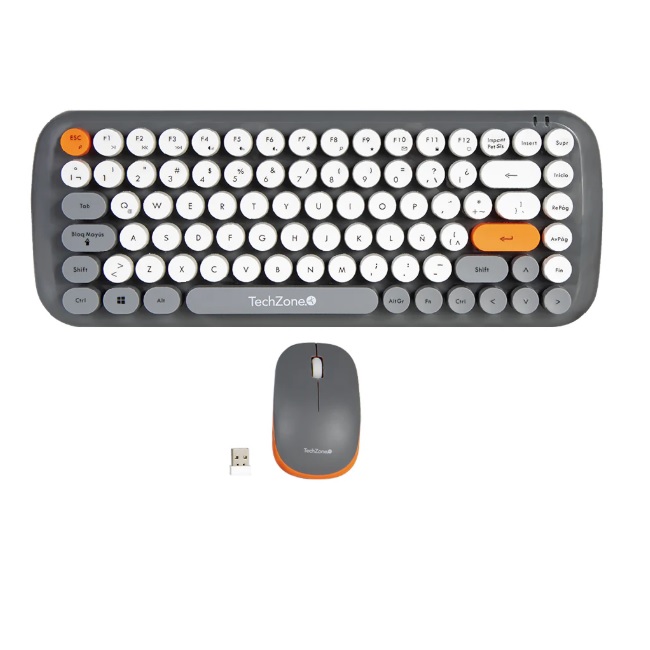 Kit Teclado y Mouse TechZone Inalámbrico Ergonómico Retro Plug-Play 85 Teclas Win/Mac Mouse Óptico USB 3 Botones 1200dpi TZ20COMB01-INA - Amd
