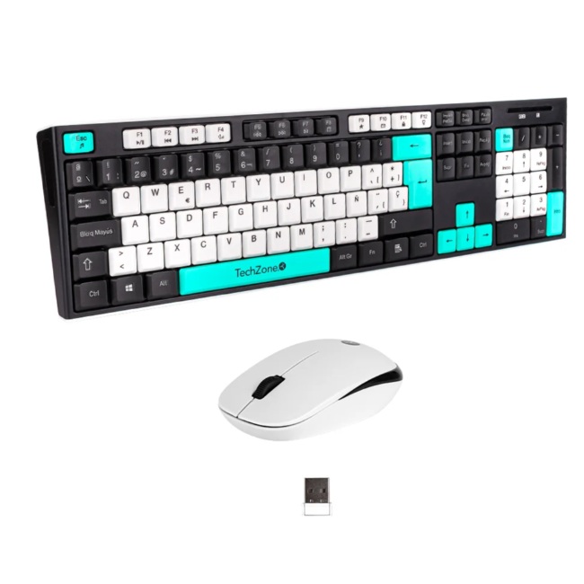 Kit Teclado y Mouse Techzone Gradient Negro c/azul menta y blanco conexión inalámbrica con 105 teclas y Mouse con 3 Botones DPI 1000 - Techzone