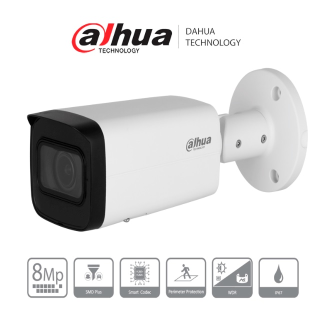 CAMARA IP/ DAHUA/ DH-IPC-HFW2841T-ZS BULLET DE 8 MP/ MOTORIZADO/ IR DE 60 MTS/ 113/ H.265/ SMD/ PROTECCION PERIMETRAL/ RANURA PARA MICROSD/ WDR/ 3D NR/ HLC/ BLC / IP67 - Código: DH-IPC-HFW2841T-ZS | Compra en Guadalajara