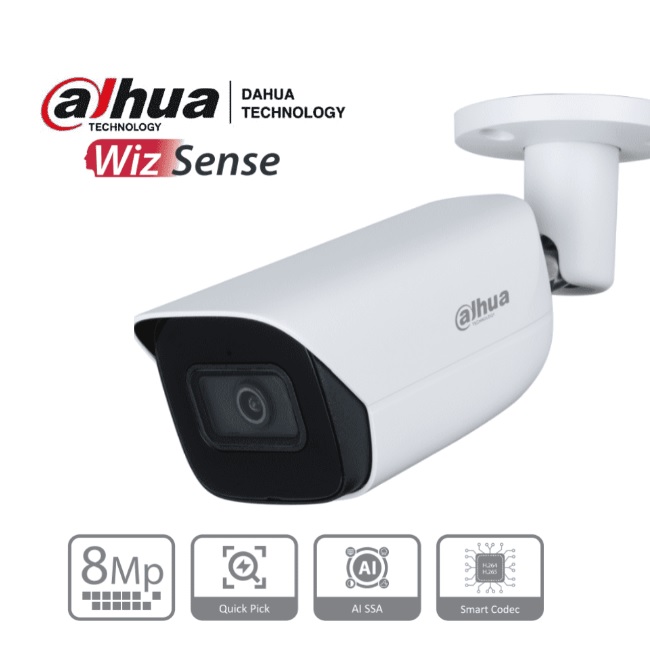 DAHUA IPC-HFW3841E-AS-S2 - Camara IP Bullet de 8 Megapixeles con IA/ WizSense/ Lente de 2.8 mm/ 107 Grados de Apertura/ H.265/ Microfono Integrado/ 1 ES de Alarma y Audio/ SMD 4.0/ WDR Real/ Quick Pick AI SSA/ PoE/ IP67/ - Dahua