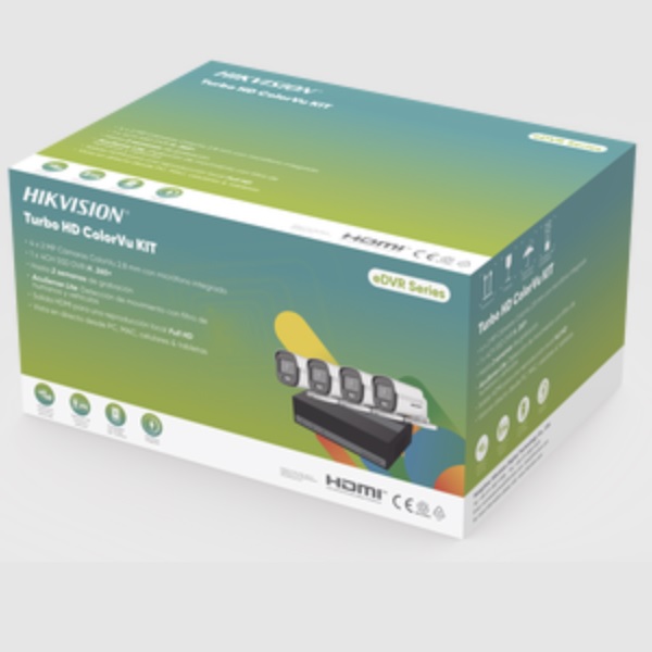 Kit TurboHD 1080p / DVR 4 Canales con Unidad de Almacenamiento eSSD de 300 GB / 4 Cámaras Bala ColorVu con Micrófono Integrado / Fuente de Poder / Accesorios de Instalación HK-E-1080-CV/A - Código: HK-E-1080-CV/A | Compra en Guadalajara
