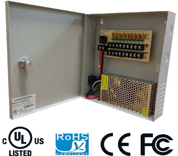 SAXXON PSU1210D9- FUENTE DE PODER REGULADA 12V10 AMP. DISTRIBUIDOR PARA 9 CAMARAS 1.1 AMP MAXIMO POR CANAL
